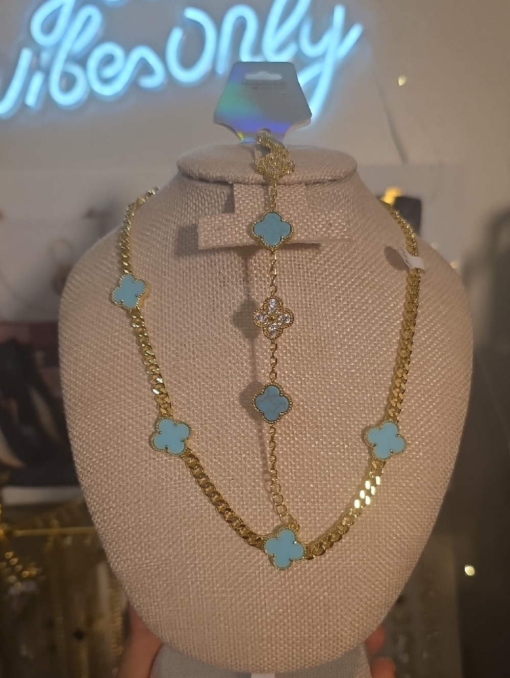 Gold-Plated Necklace and Bracelet Set with Blue Clover Accents